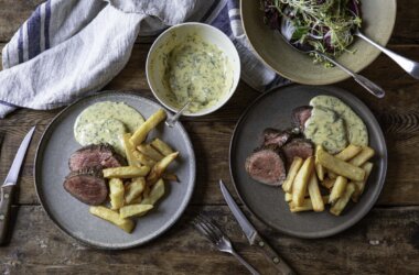 triple cooked chips served with steak and bernaise sauce