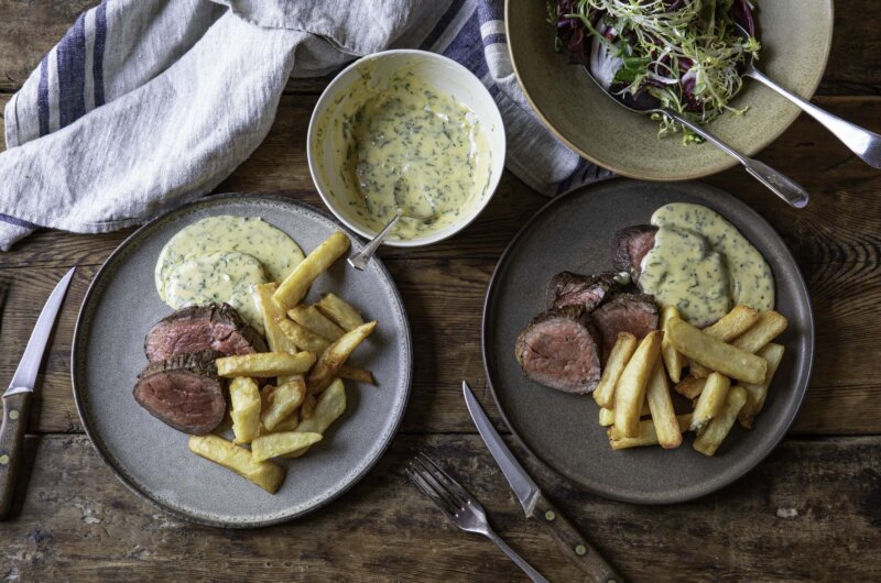 triple cooked chips served with steak and bernaise sauce