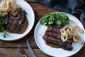 Outside Skirt Steak with Shallot Purée & Onion Rings