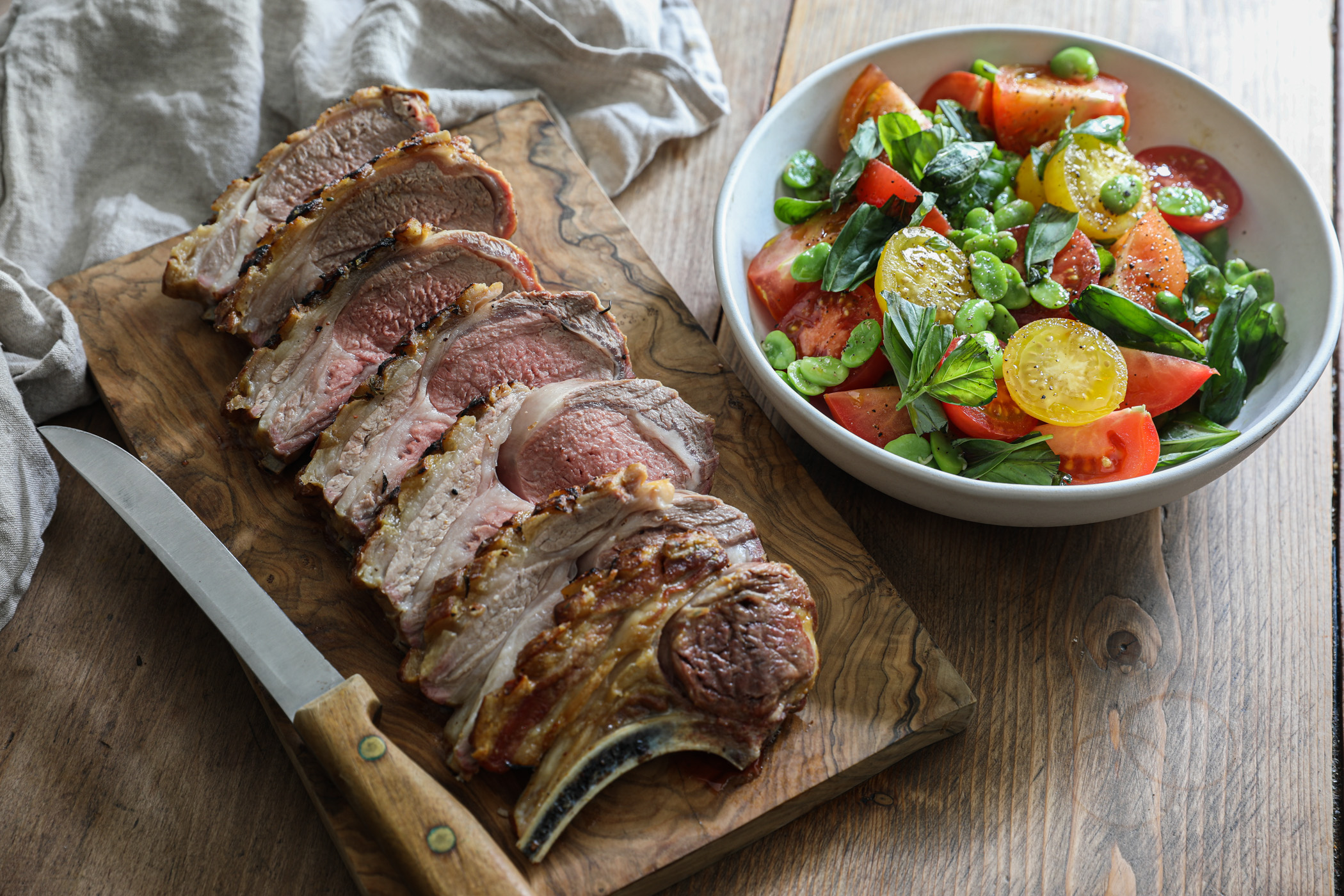 Rack of Lamb with Tomatoes, Broad Beans & Honey Summer Salad