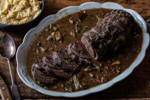 Braised Shoulder of Venison with Chestnuts, Cider & Crushed Celeriac