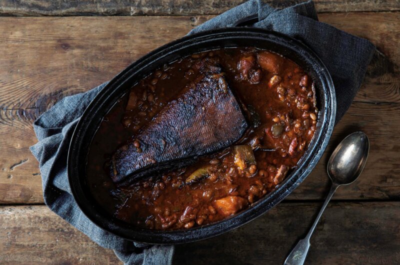 BBQ baked beans w/ dry-cured smoked pork belly
