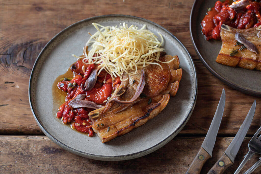 Thick Cut Pork Chops, Marinated Peppers And Anchovies Recipe