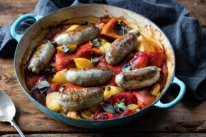 Wild Garlic Sausage with Peppers & Potatoes