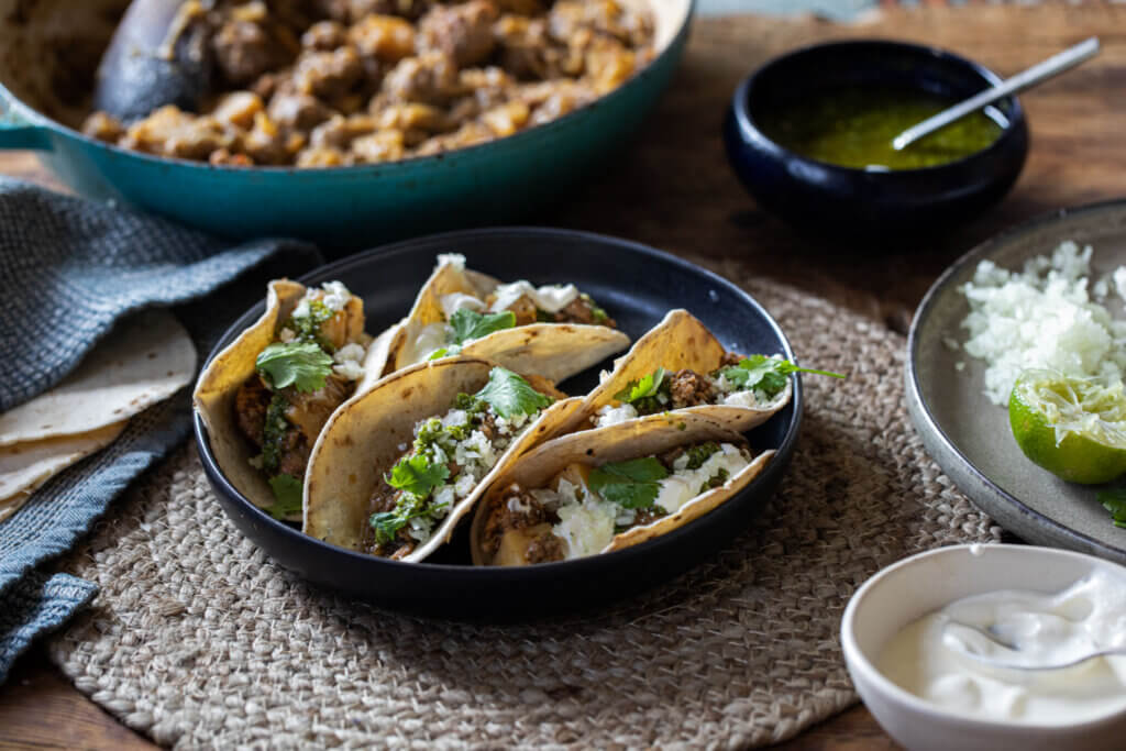 Chorizo, Potato & Onion Tacos With Green Salsa By Val Warner