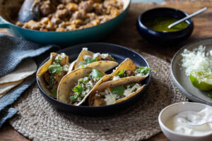Chorizo, Potato & Onion Tacos with Green Salsa