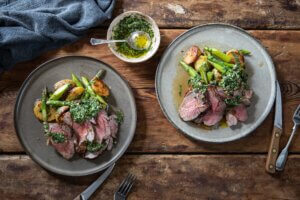 Lamb Rump with Asparagus, Jersey Royals & Wild Garlic Salsa Verde