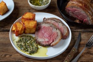 Roast Ribeye of Beef with Confit Potatoes & Salsa Dragoncello