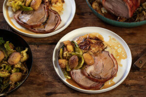 Pork Ribeye Roast with Turnip & Swede Gratin, Cabbage & Apples