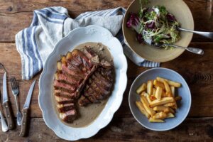 Porterhouse with Peppercorn Sauce & Triple-Cooked Chips