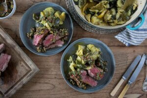 Hogget Rump with Braised Courgettes & Green Olive Dressing