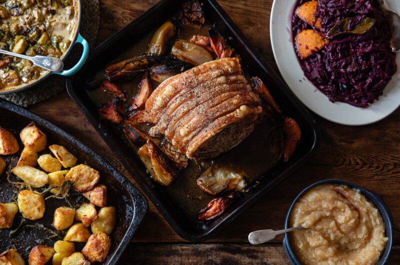 Roasted leg of pork w/ quince & shallots, braised red cabbage, creamed sprouts & roasted potatoes