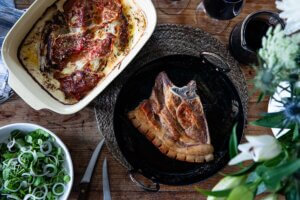 Pork Shoulder Chop with Endive Gratin, Crispy Sage & Watercress Salad