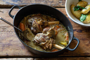 Slow-Cooked Lamb Shanks with Buttered Jersey Royals
