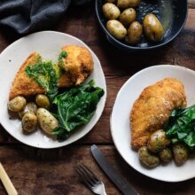 Chicken kiev recipe, boiled potatoes & spring greens