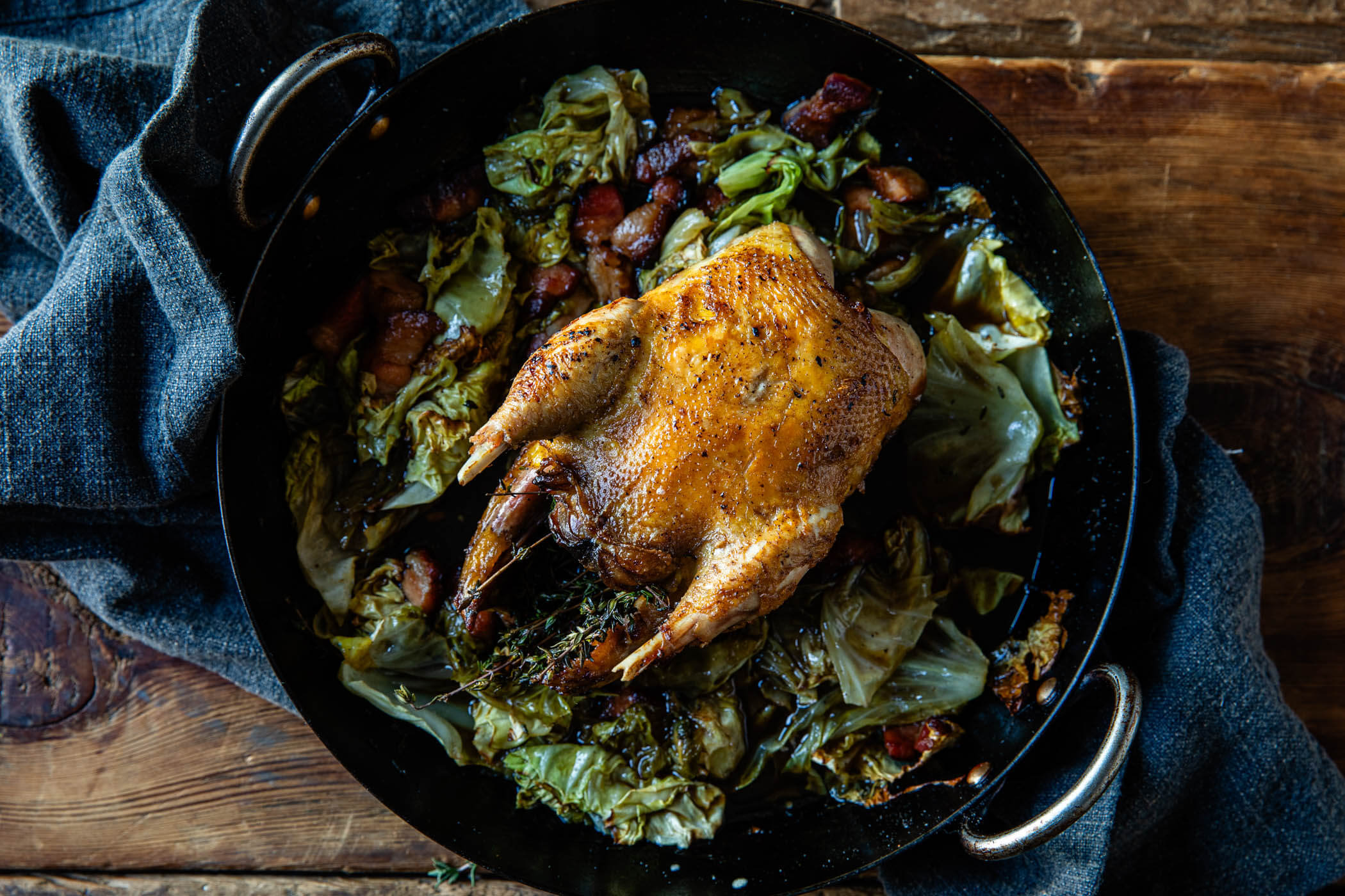 Whole pheasant roasted with cabbage bacon and marsala