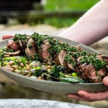 Rolled Hogget Saddle with Borlotti Beans & Summer Vegetables