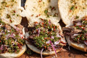 Smoked Shoulder of Hogget Buns with Chimichurri