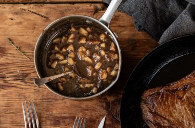 Freshly made Bordelaise sauce in a saucepan, a classic French red wine sauce for steak and beef dishes