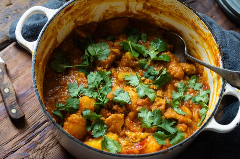 A classic Burmese chicken and potato curry cooked in a casserole dish, richly spiced with golden fried potatoes. Recipe by The Rangoon Sisters
