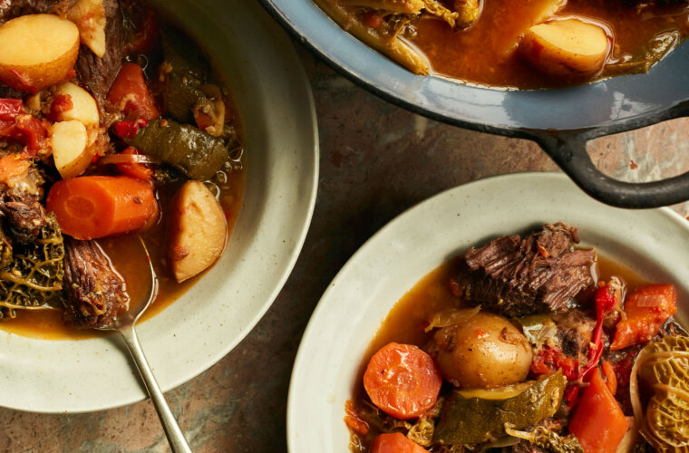 Dimlama Uzbek harvest stew with ox cheek and vegetables served in rustic bowls