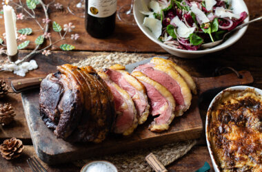Roast rump of beef served with cep and potato gratin and a Parmesan salad