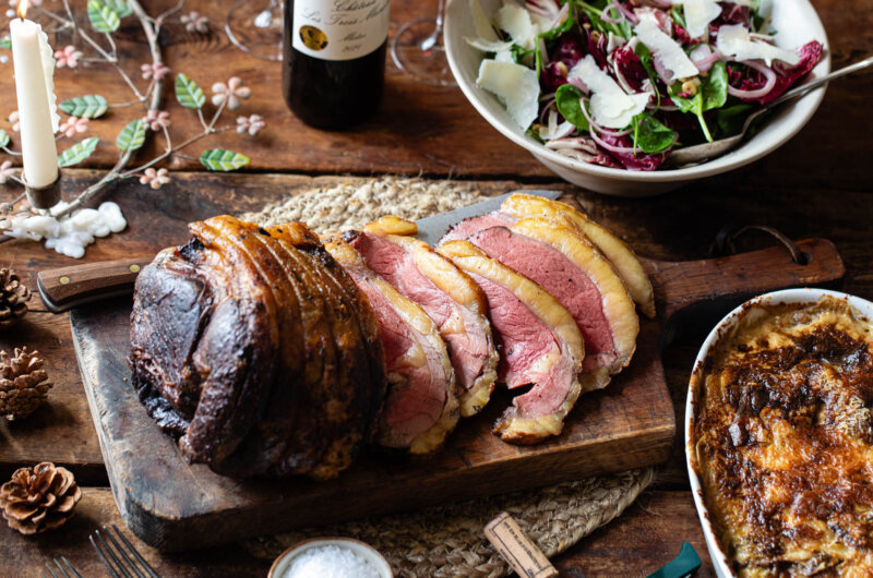 Roast rump of beef served with cep and potato gratin and a Parmesan salad
