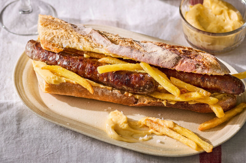 Lamb merguez sausage in a crusty baguette with aïoli and chips, served on a plate